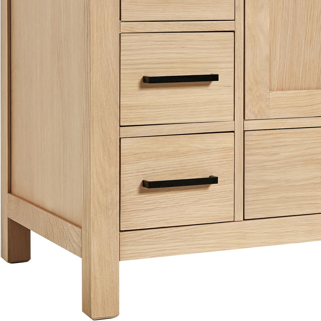 ARIEL 66-Inch Oak Bathroom Vanity with Sink, Italian Carrara Marble Countertop 1.5' Edge & Backsplash, Soft Closing Doors & Drawers, Matte Black Hardware