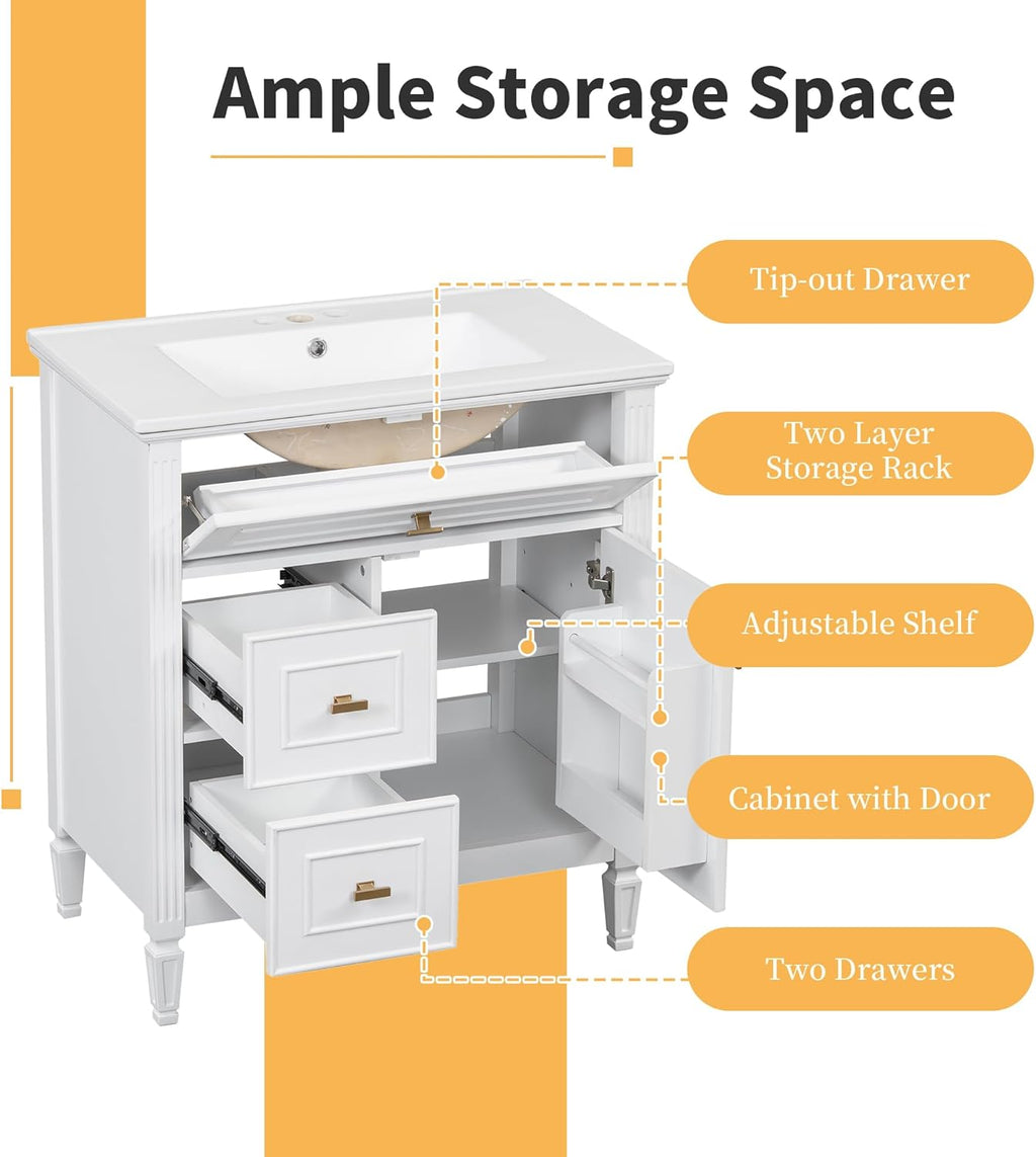Harper & Bright Designs 30' Bathroom Vanity with Sink, Free Standing Vanity Set with Tip-Out Drawer, 2 Drawers, and Adjustable Shelf, Wood Bathroom Cabinet with Ceramic Basin for Bathroom, White