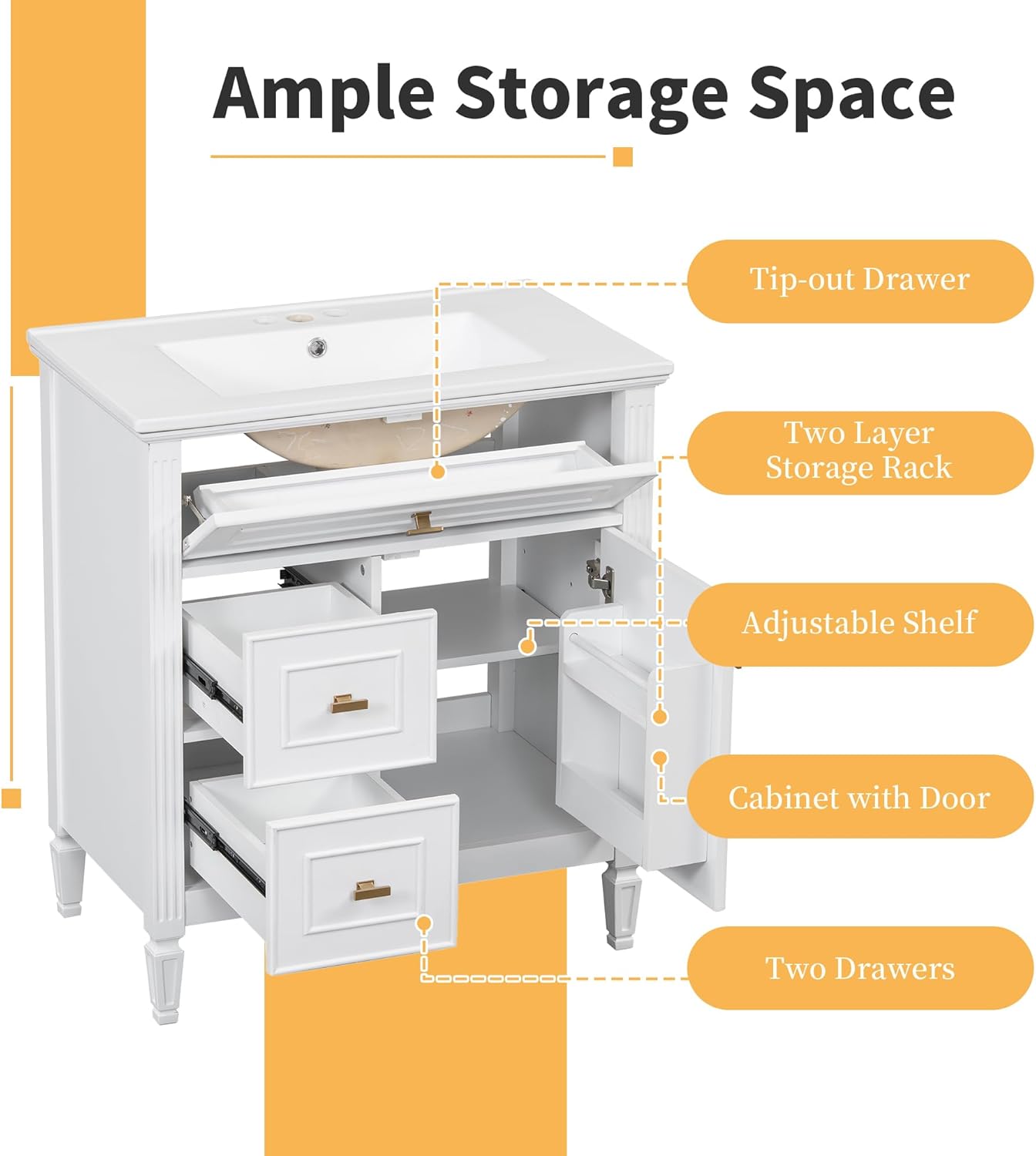 Harper & Bright Designs 30' Bathroom Vanity with Sink, Free Standing Vanity Set with Tip-Out Drawer, 2 Drawers, and Adjustable Shelf, Wood Bathroom Cabinet with Ceramic Basin for Bathroom, White