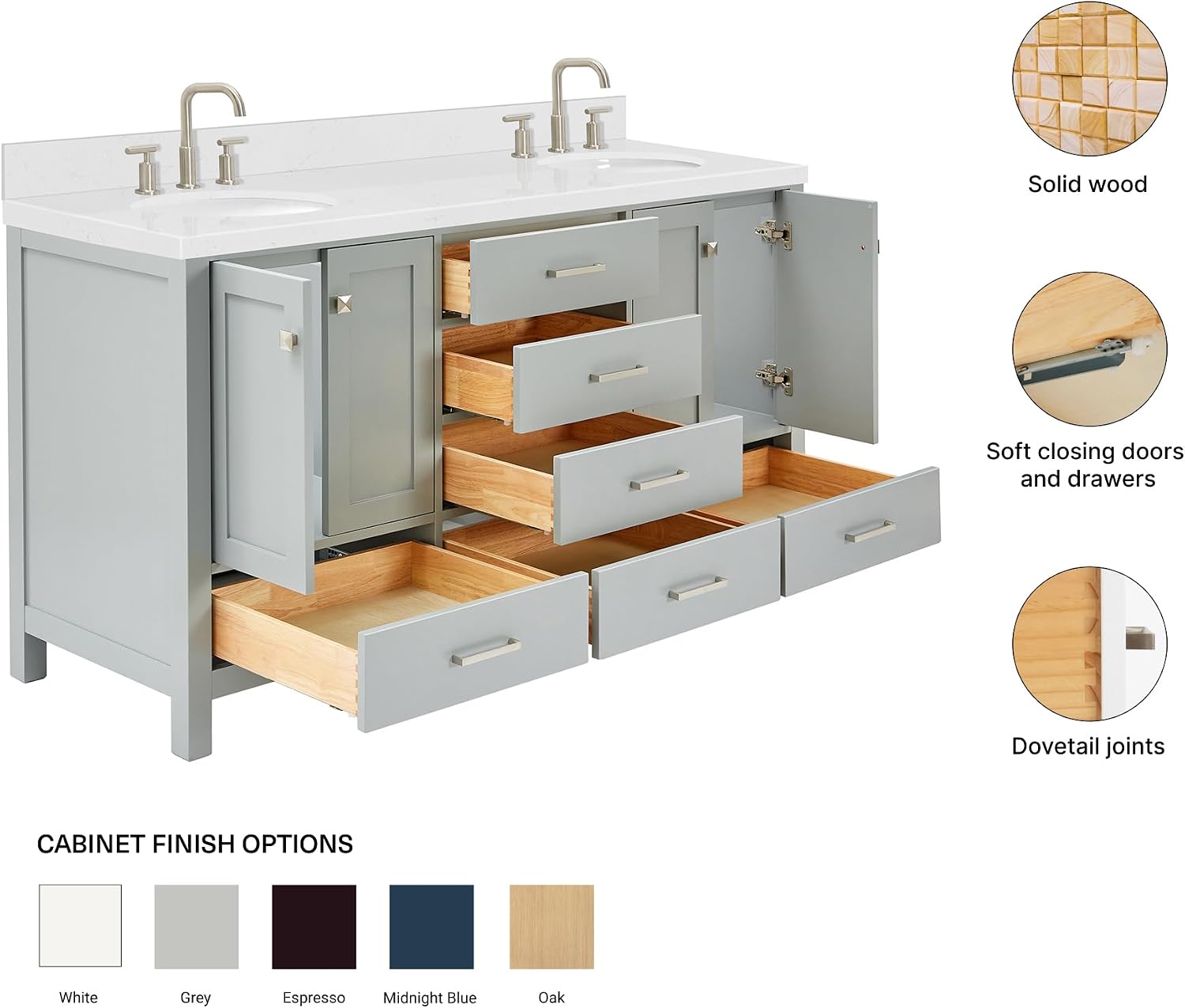 ARIEL Cambridge 66-inch Bathroom Vanity with Sink,Solid Wood, 1.5-inch Carrara White Quartz Countertop & Backsplash, Double Oval Porcelain Sink, 4 Soft Closing Doors, 6 Dovetail Drawers, Grey