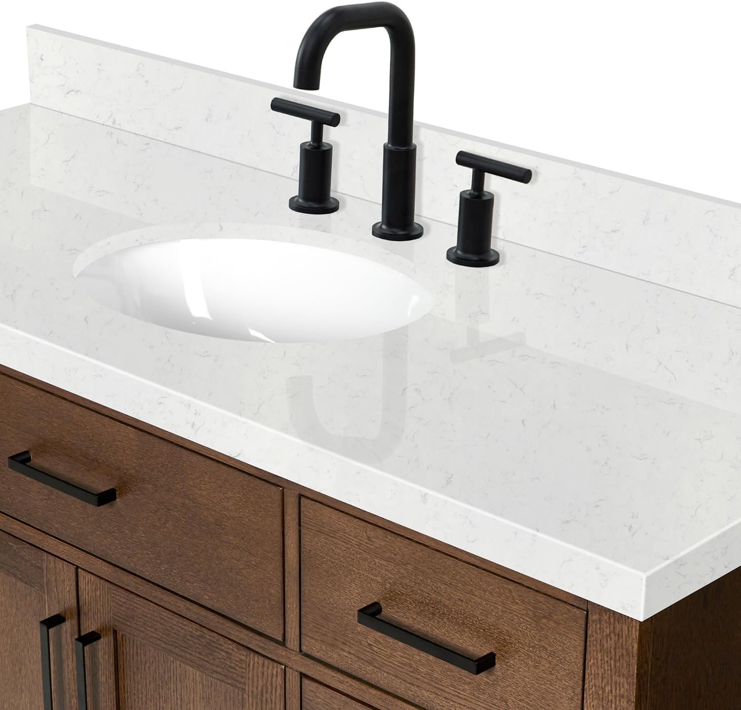 ARIEL Hepburn 66-inch Bathroom Vanity with Sink,Solid Wood, 1.5-inch Carrara White Quartz Countertop & Backsplash, Single Oval Porcelain Sink, 2 Soft Closing Doors, 9 Dovetail Drawers, Brown Oak