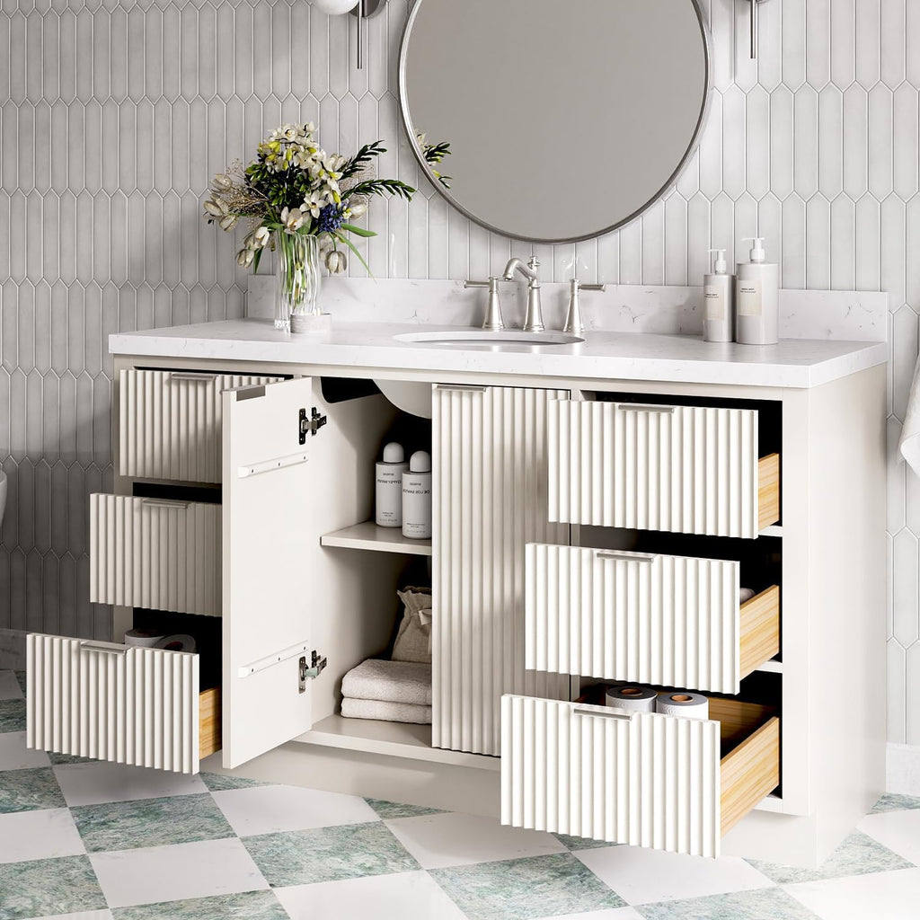 ARIEL Milan 60-inch Bathroom Vanity with Sink,Solid Wood, 1.5-inch Carrara White Quartz Countertop & Backsplash, Single Oval Porcelain Sink, 2 Soft Closing Doors, 6 Dovetail Drawers, Warm White