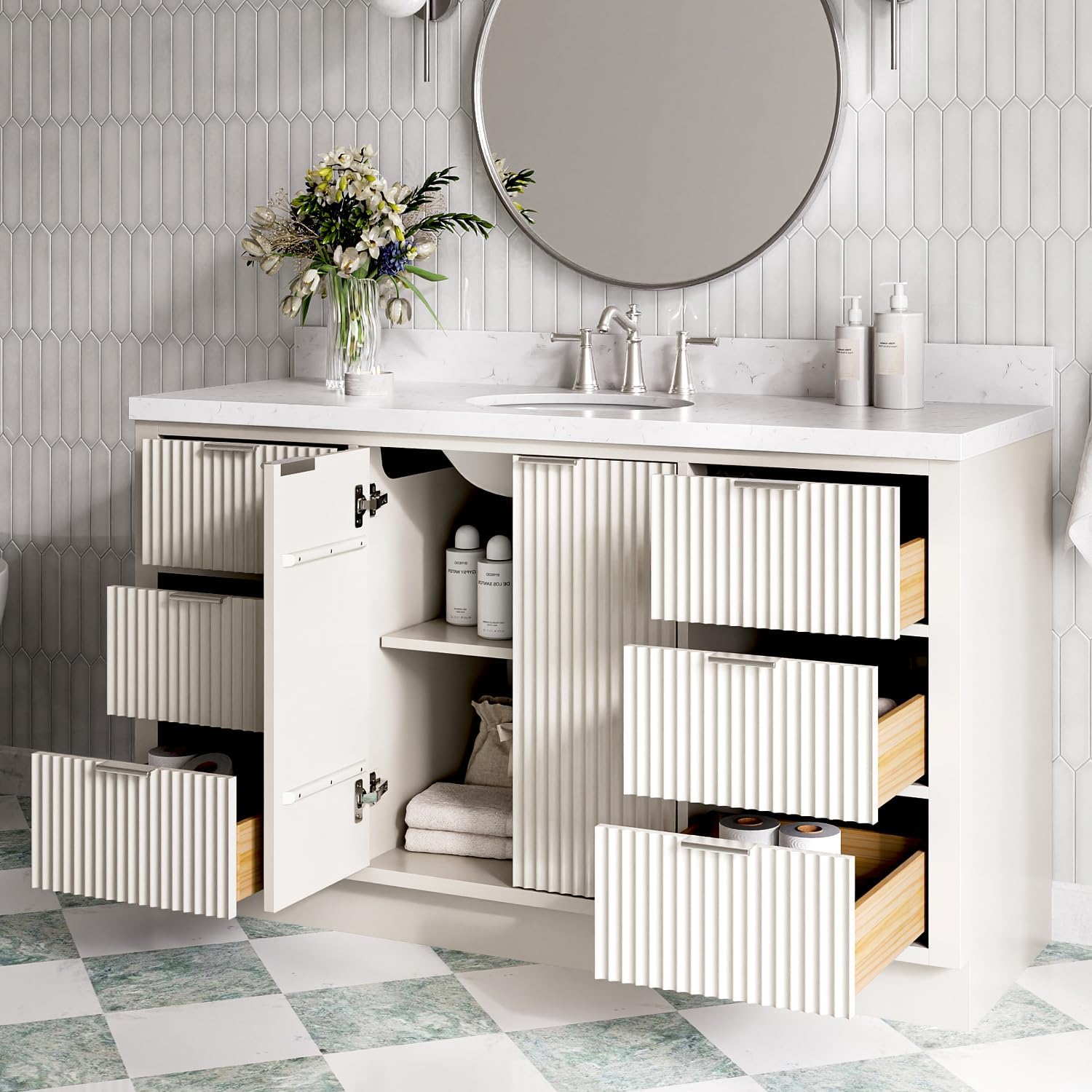 ARIEL Milan 60-inch Bathroom Vanity with Sink,Solid Wood, 1.5-inch Carrara White Quartz Countertop & Backsplash, Single Oval Porcelain Sink, 2 Soft Closing Doors, 6 Dovetail Drawers, Warm White