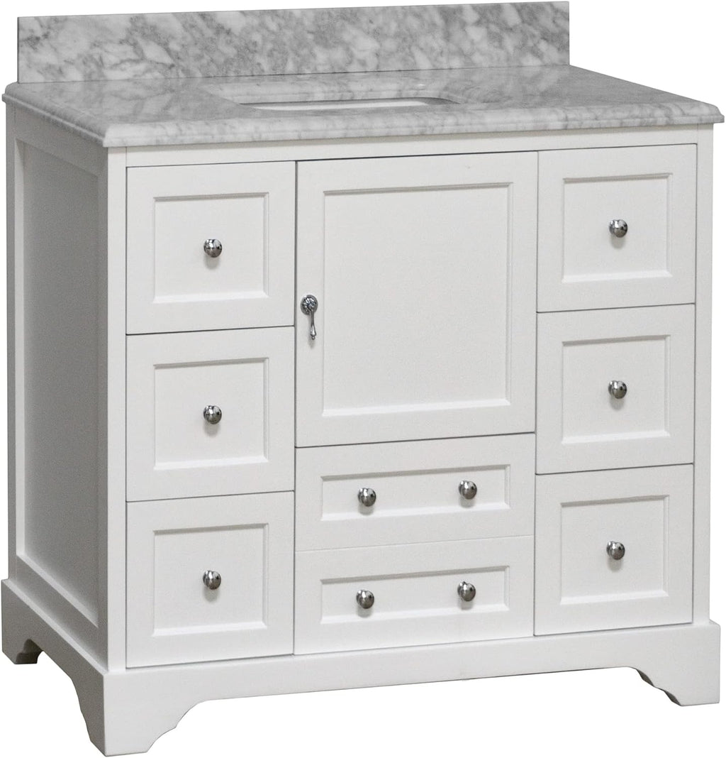 Madison 42-inch Bathroom Vanity (Carrara/White): Includes White Cabinet with Authentic Italian Carrara Marble Countertop and White Ceramic Sink