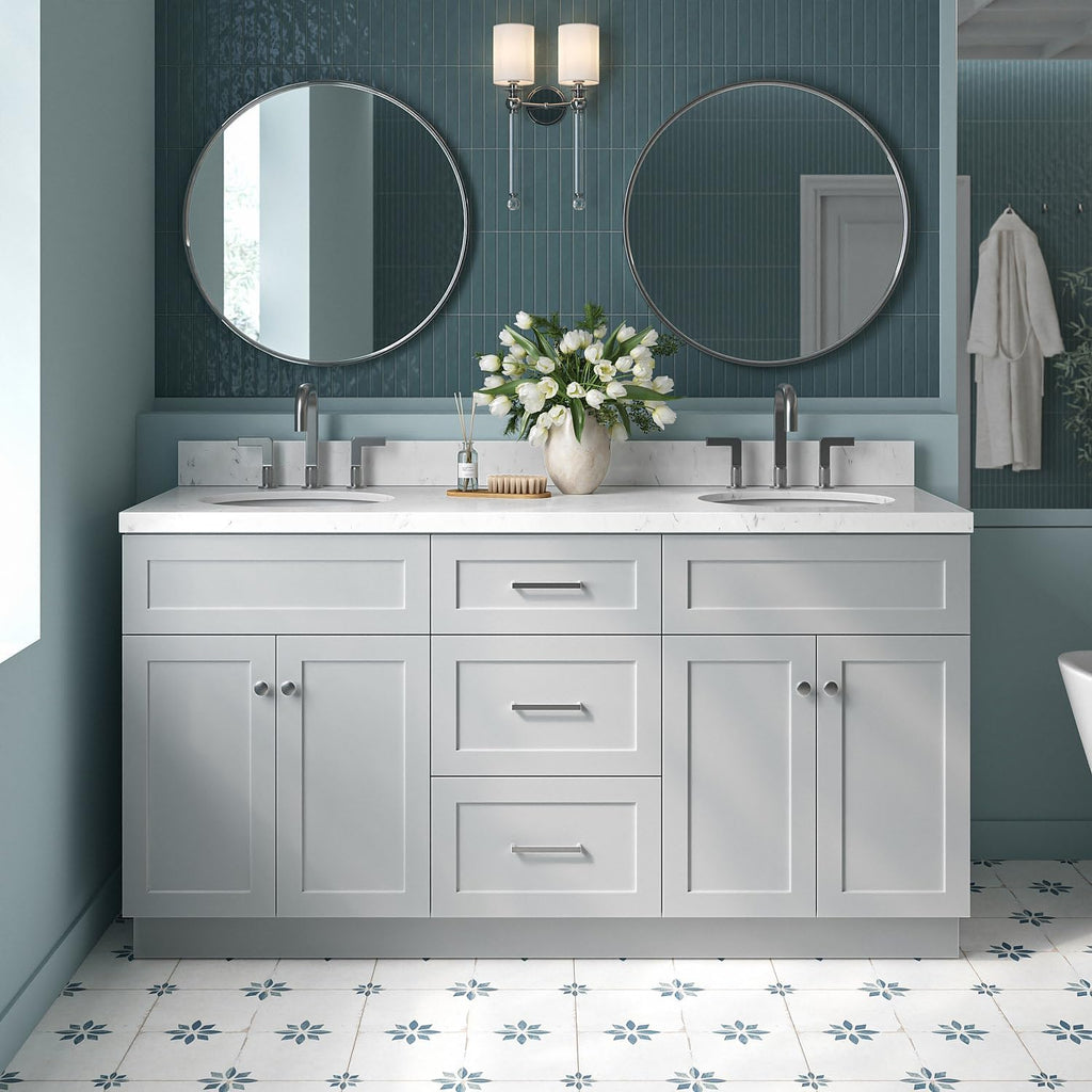ARIEL Hamlet 66-inch Bathroom Vanity with Sink,Solid Wood, 1.5-inch Carrara White Quartz Countertop & Backsplash, Double Oval Porcelain Sink, 4 Soft Closing Doors, 3 Dovetail Drawers, Grey