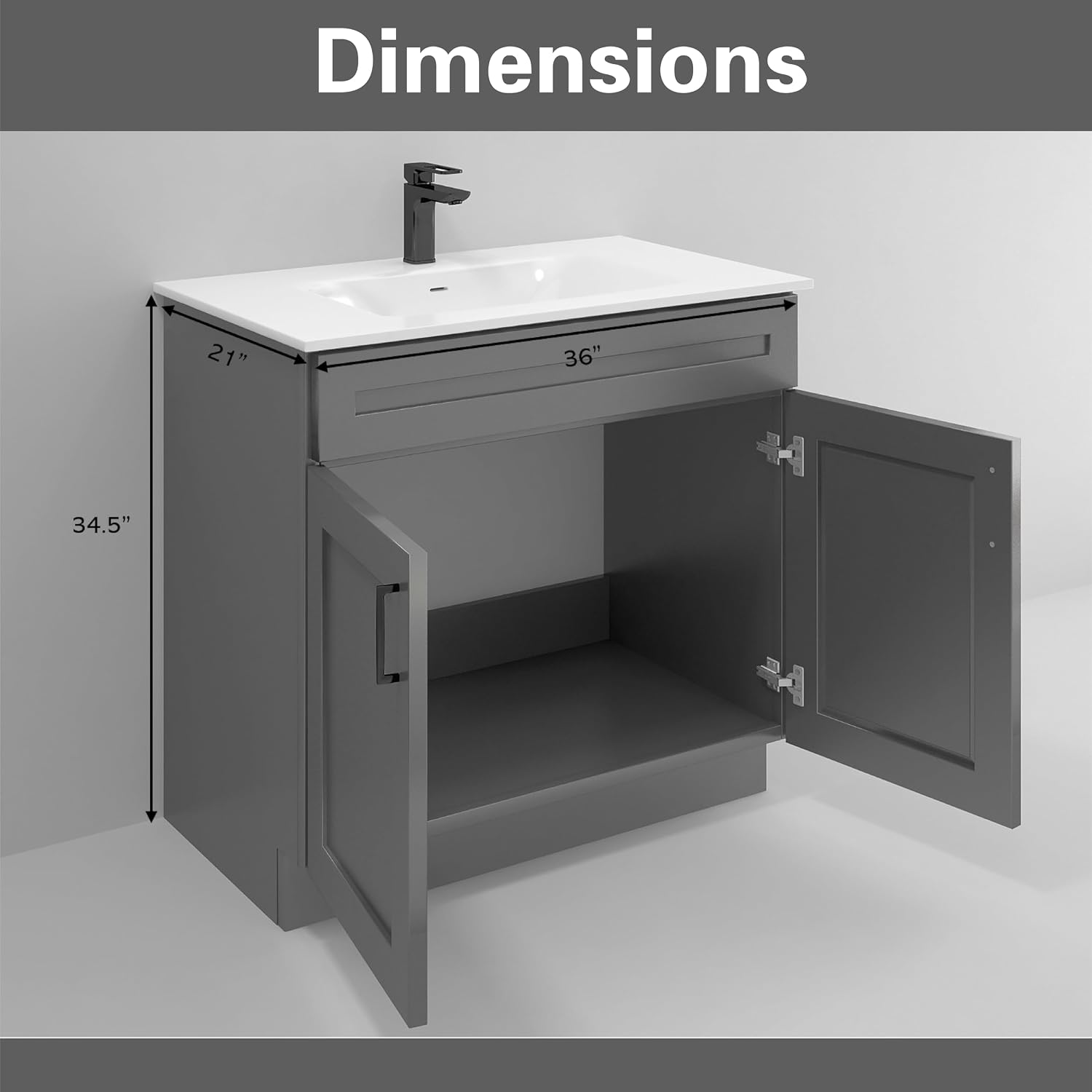 36' Grey Shaker Bathroom Vanity with Sink – Solid Surface One-Piece Top, Soft-Close Doors, Polyurethane Nano Resin Sink, Pre-Drilled Faucet Hole, Modern Bath Vanity Cabinet Set