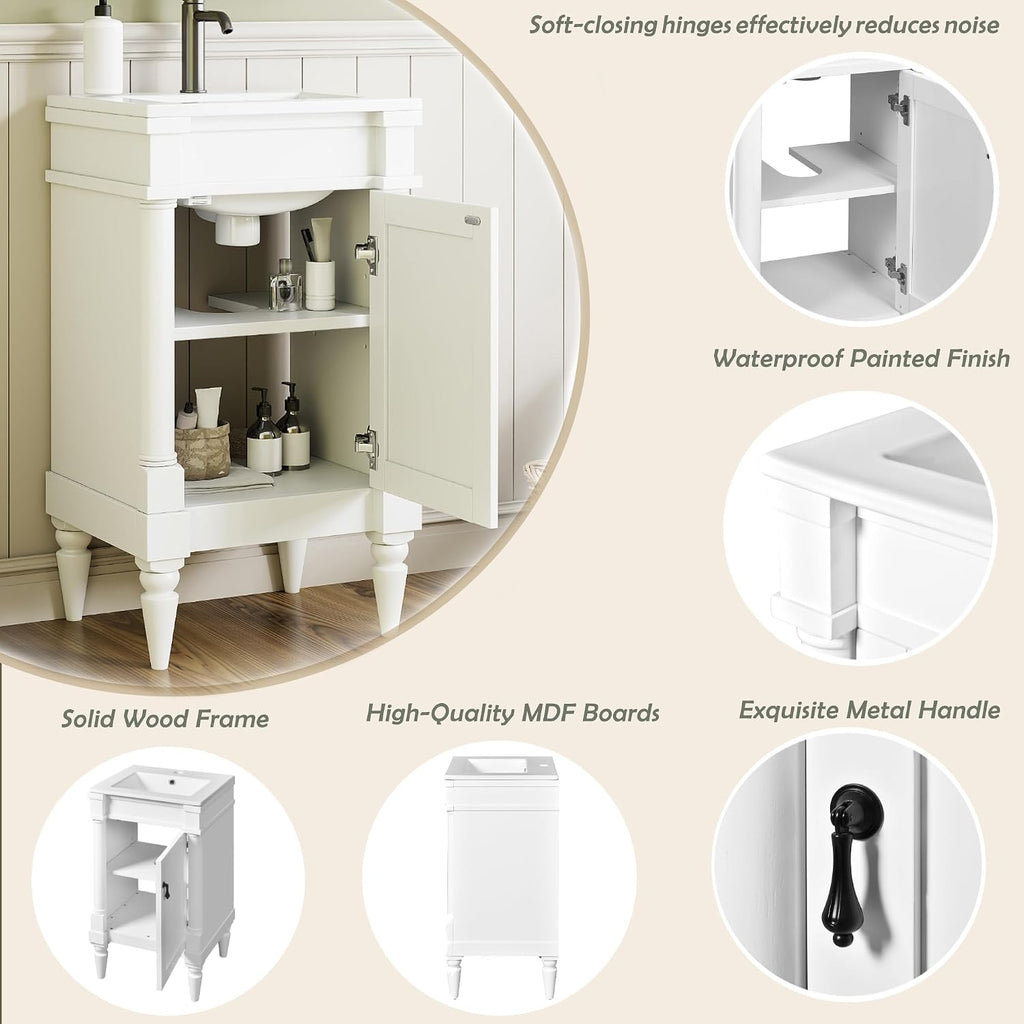VilroCaz Modern 18'' Bathroom Vanity with Top Sink, Freestanding Bathroom Storage Cabinet with Door and Adjustable Shelf, Single Sink Cabinet with Nordic Style Legs (White-Retro)
