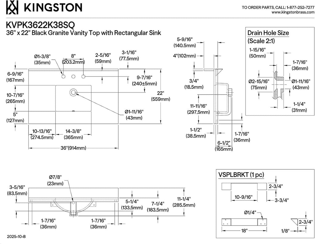 Kingston Brass KVPK3622K38SQ Templeton 36-Inch Black Granite Vanity Top (8' Faucet Drillings) in Black/White