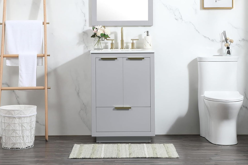 24' Pre-Assembled Bathroom Vanity with Sink, MDF Engineered Wood, Calacatta White Engineered Marble Countertop Attached, Single Rectangle Porcelain Sink, 1 Soft-Close Drawers, Grey