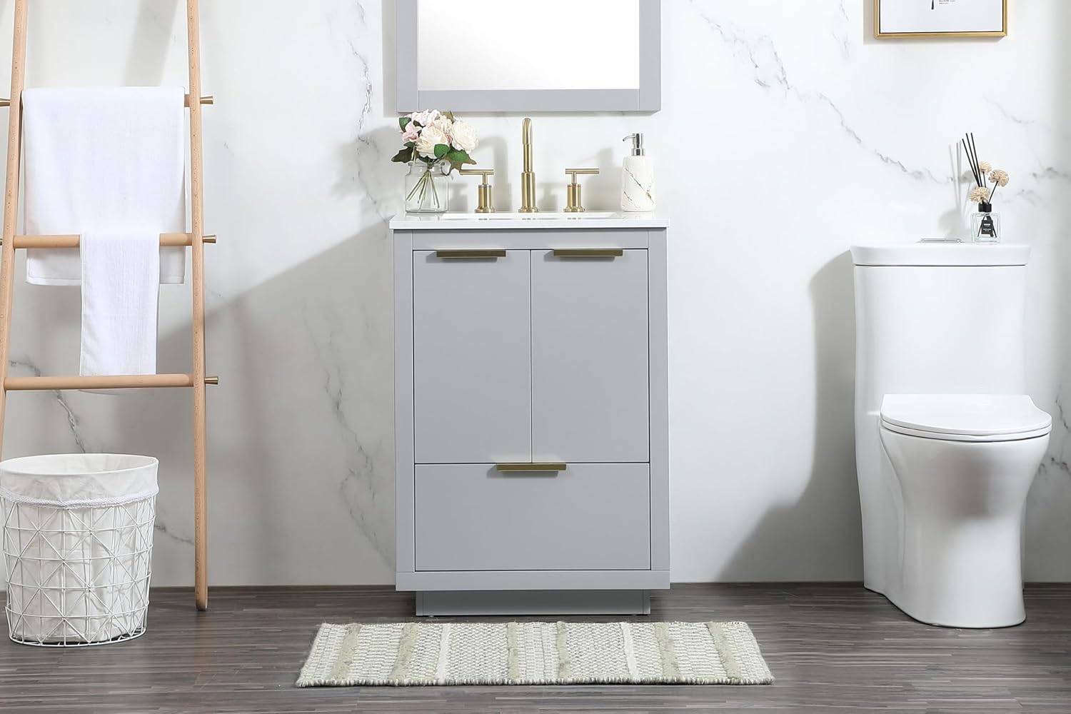 24' Pre-Assembled Bathroom Vanity with Sink, MDF Engineered Wood, Calacatta White Engineered Marble Countertop Attached, Single Rectangle Porcelain Sink, 1 Soft-Close Drawers, Grey