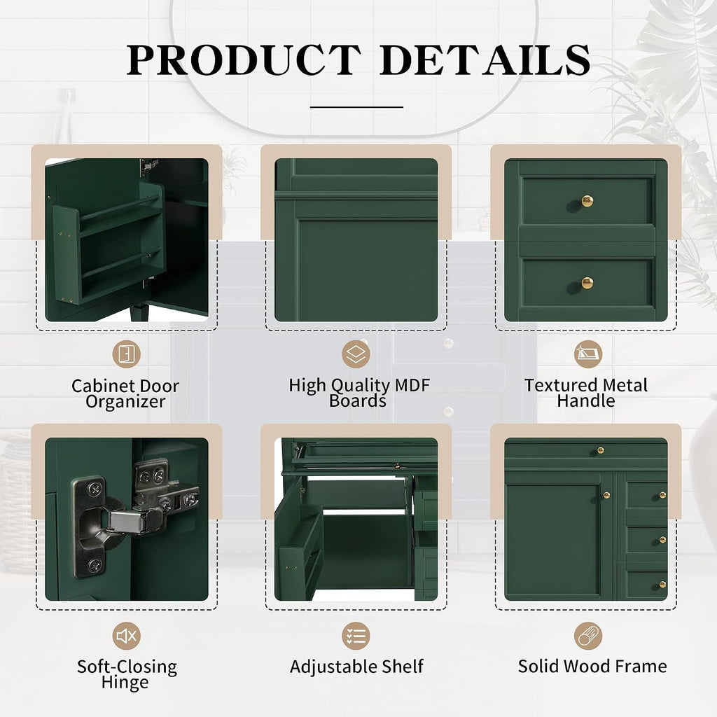 36'' Bathroom Vanity Without Top Sink, Modern Bathroom Storage Cabinet with 2 Drawers and a Tip-Out Drawer, Only Cabinet, Green
