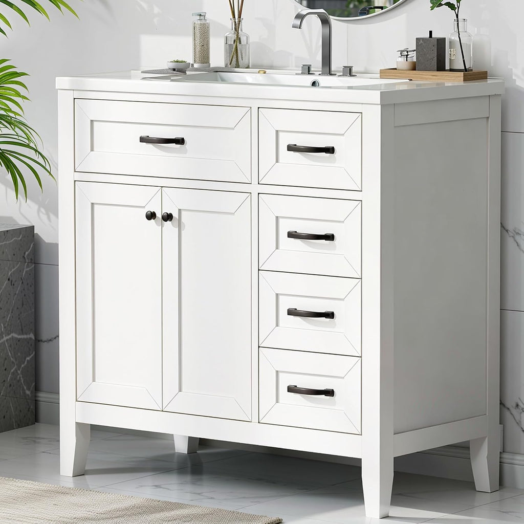 36' Bathroom Vanities with Sink Combo, Wood Modern White Bathroom Sink Cabinet with Soft Closing 3 Drawers and Doors, Freestanding Set
