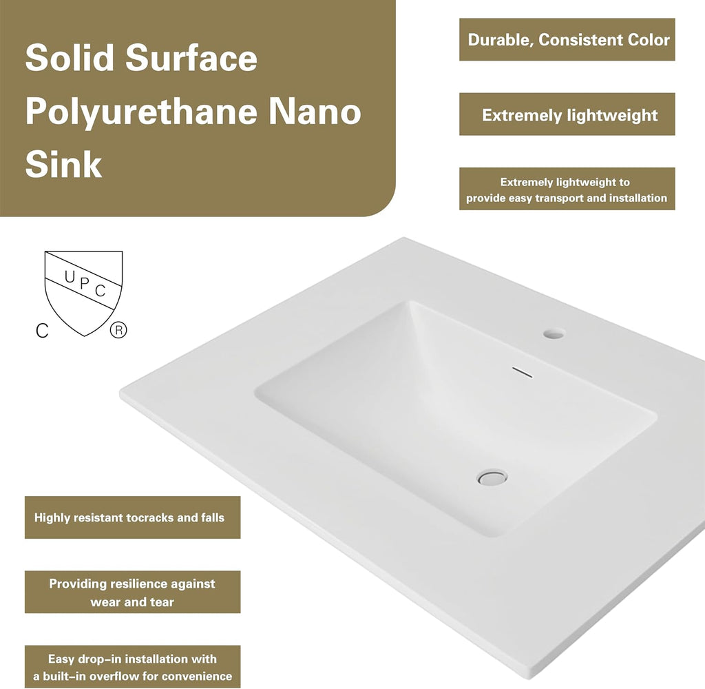 White Shaker Bathroom Vanity with Sink 36' – Solid Surface One-Piece Top, Soft-Close Doors & Drawers, Polyurethane Nano Resin Sink, Pre-Drilled Faucet Hole, Modern Bath Vanity Cabinet Set