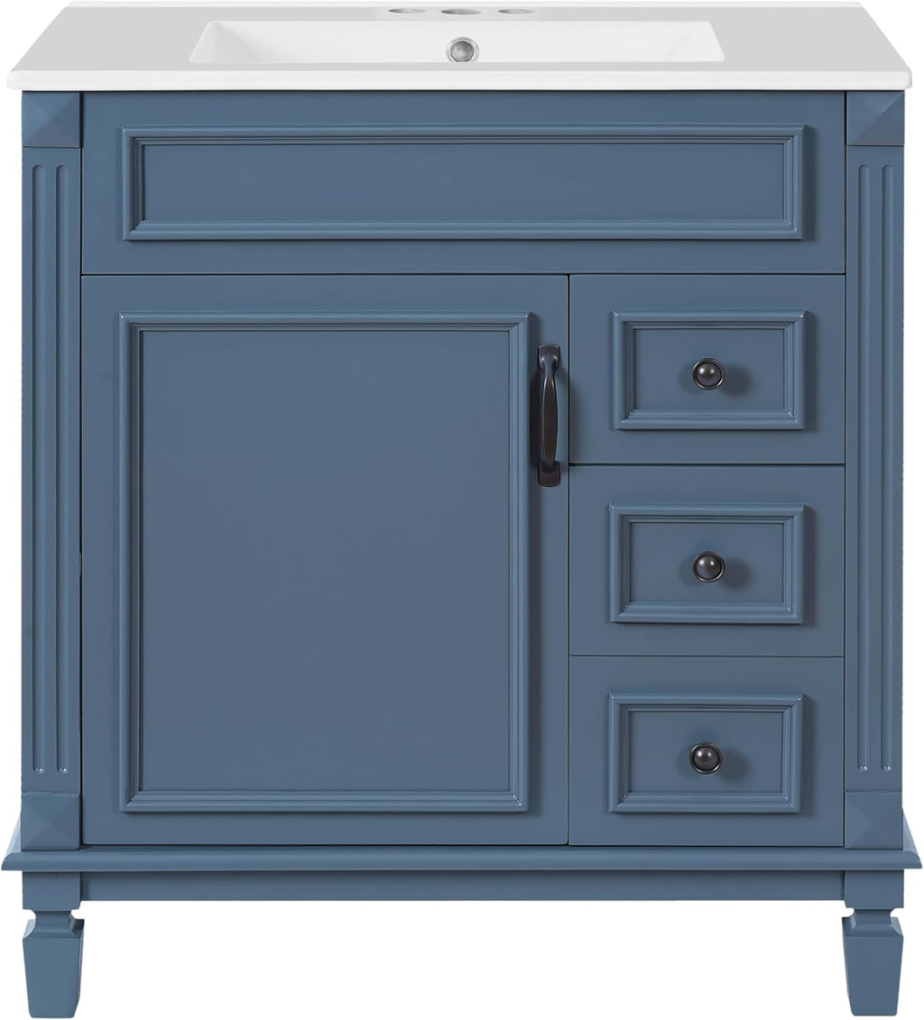 30 Inch Blue-Grey Bathroom Vanity with Sink,Modern Bathroom Vanity with 2 Right Hand Drawers & Adjustable Shelf,Soft Closing Doors & Black Handles,Solid Wood Frame,French Embossed Front