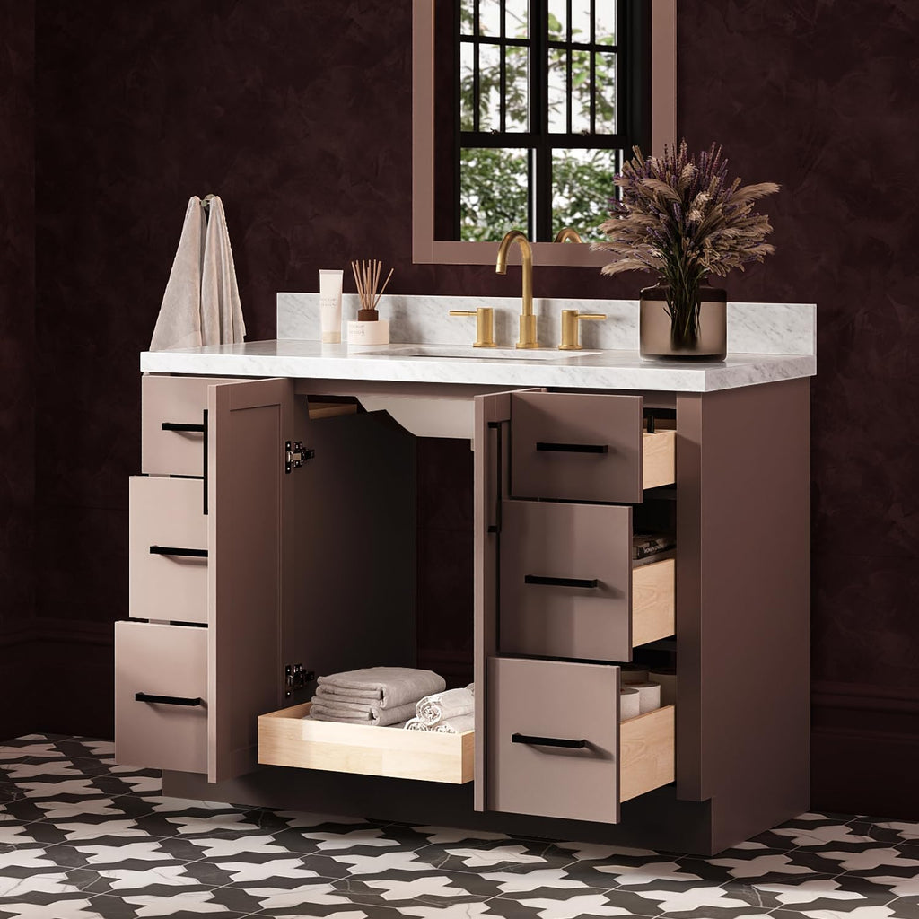 ARIEL Loren 48-inch Bathroom Vanity with Sink,Solid Wood, 1.5-inch Italian Carrara Marble Countertop, Single Rectangular Porcelain Sink, 2 Soft Closing Doors, 7 Dovetail Drawers, Mocha