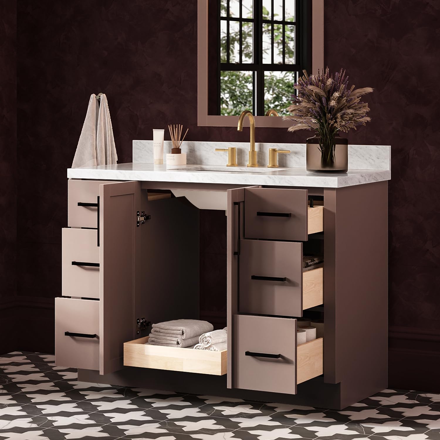 ARIEL Loren 48-inch Bathroom Vanity with Sink,Solid Wood, 1.5-inch Italian Carrara Marble Countertop, Single Rectangular Porcelain Sink, 2 Soft Closing Doors, 7 Dovetail Drawers, Mocha