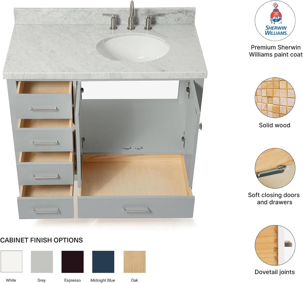 DKB Beckford 42-Inch Gray Bathroom Vanity with Carrara White Marble Countertop, Right Offset Oval Sink, 2 Soft Closing Doors, 5 Dovetail Drawers, Satin Nickel, No Mirror