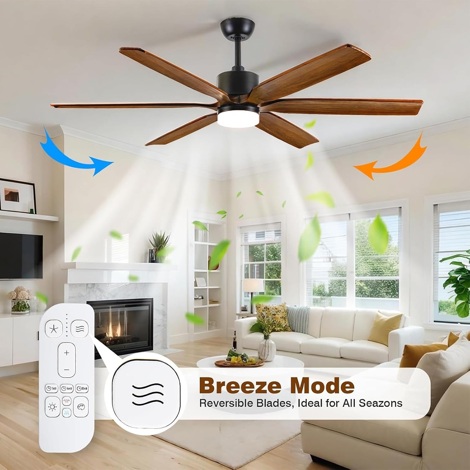 72 Inch Large Ceiling Fans with Lights and Remote, Indoor Outdoor Ceiling Fan for patios, 6 Blades Modern Farmhouse Wood Ceiling Fan with High CFM, 5 CCT Dimmable, Quiet Energy Efficient DC Motor