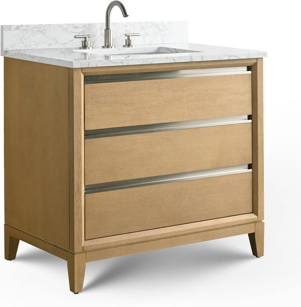 Vanity Art 36 inch Bathroom Vanity with Sink & Ceramic Top, Vanity Cabinet with 2 Drawers & 1 Multifunctional Drawer, Natural Oak, VA8036-NO1