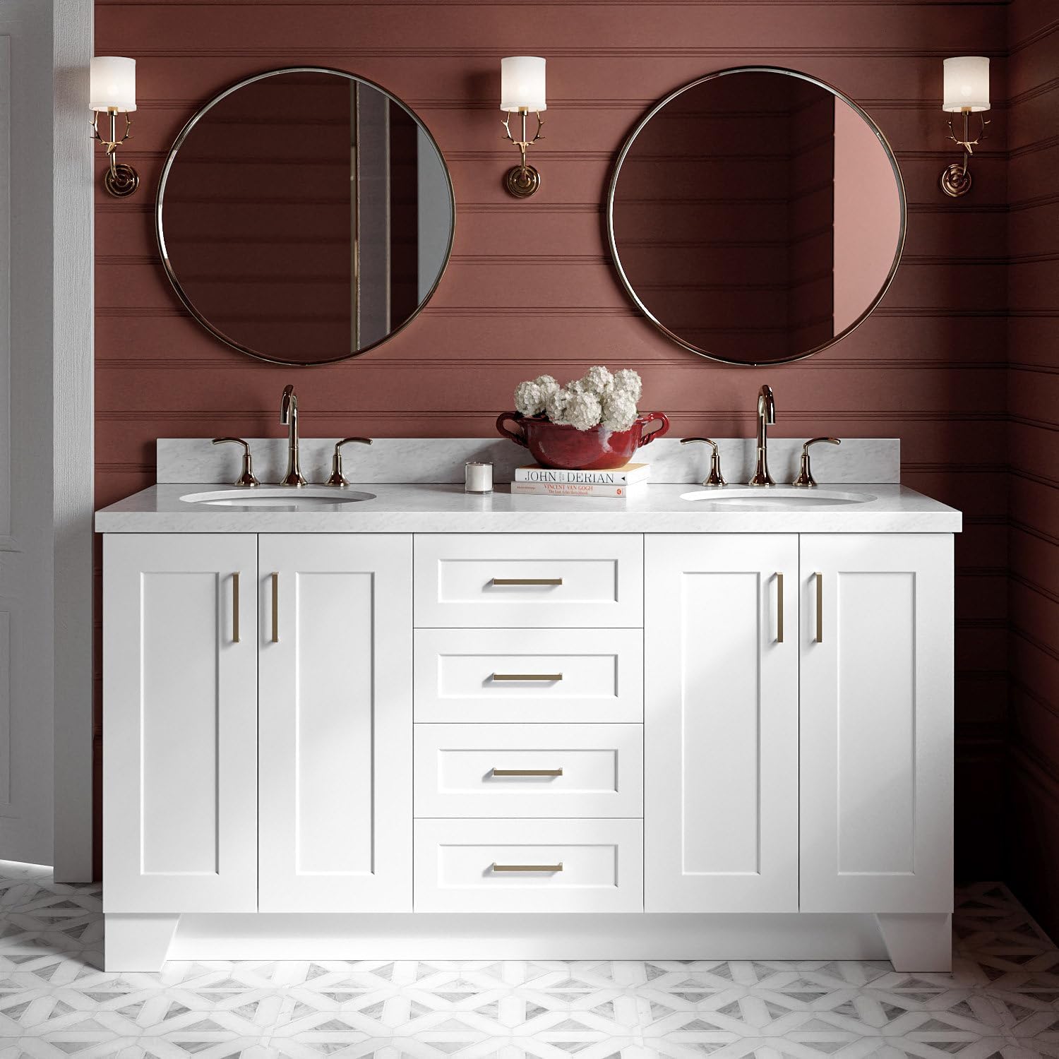 ARIEL Taylor 66-inch Bathroom Vanity with Sink,Solid Wood, 1.5-inch Italian Carrara Marble Countertop & Backsplash, Double Oval Porcelain Sink, 4 Soft Closing Doors, 5 Dovetail Drawers, White