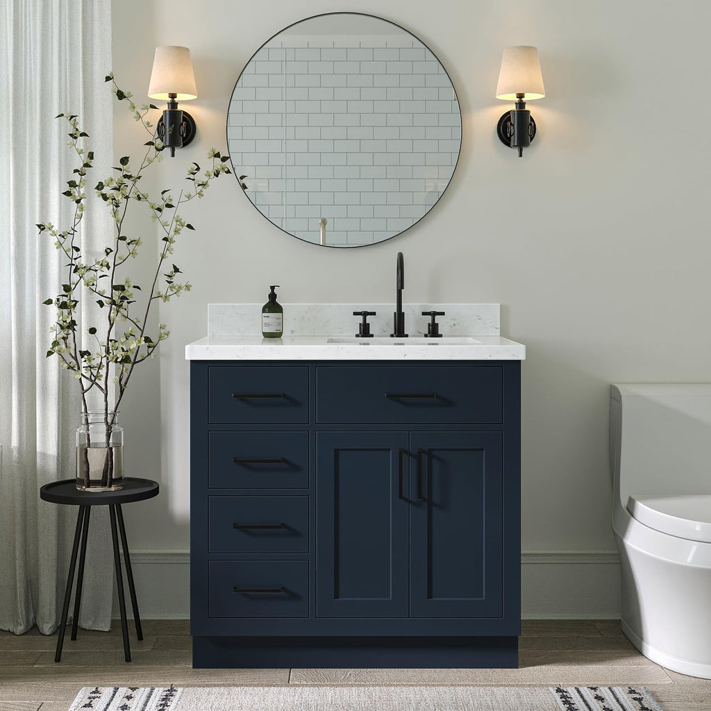 ARIEL Hepburn 36-inch Bathroom Vanity with Sink,Solid Wood, 1.5-inch Carrara White Quartz Countertop, Single Rectangular Porcelain Sink, 2 Soft Closing Doors, 5 Dovetail Drawers, Midnight Blue