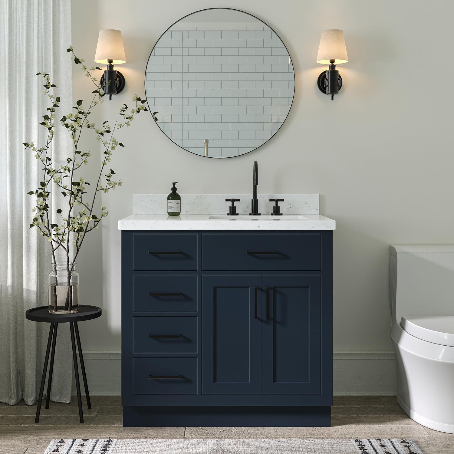 ARIEL Hepburn 36-inch Bathroom Vanity with Sink,Solid Wood, 1.5-inch Carrara White Quartz Countertop, Single Rectangular Porcelain Sink, 2 Soft Closing Doors, 5 Dovetail Drawers, Midnight Blue