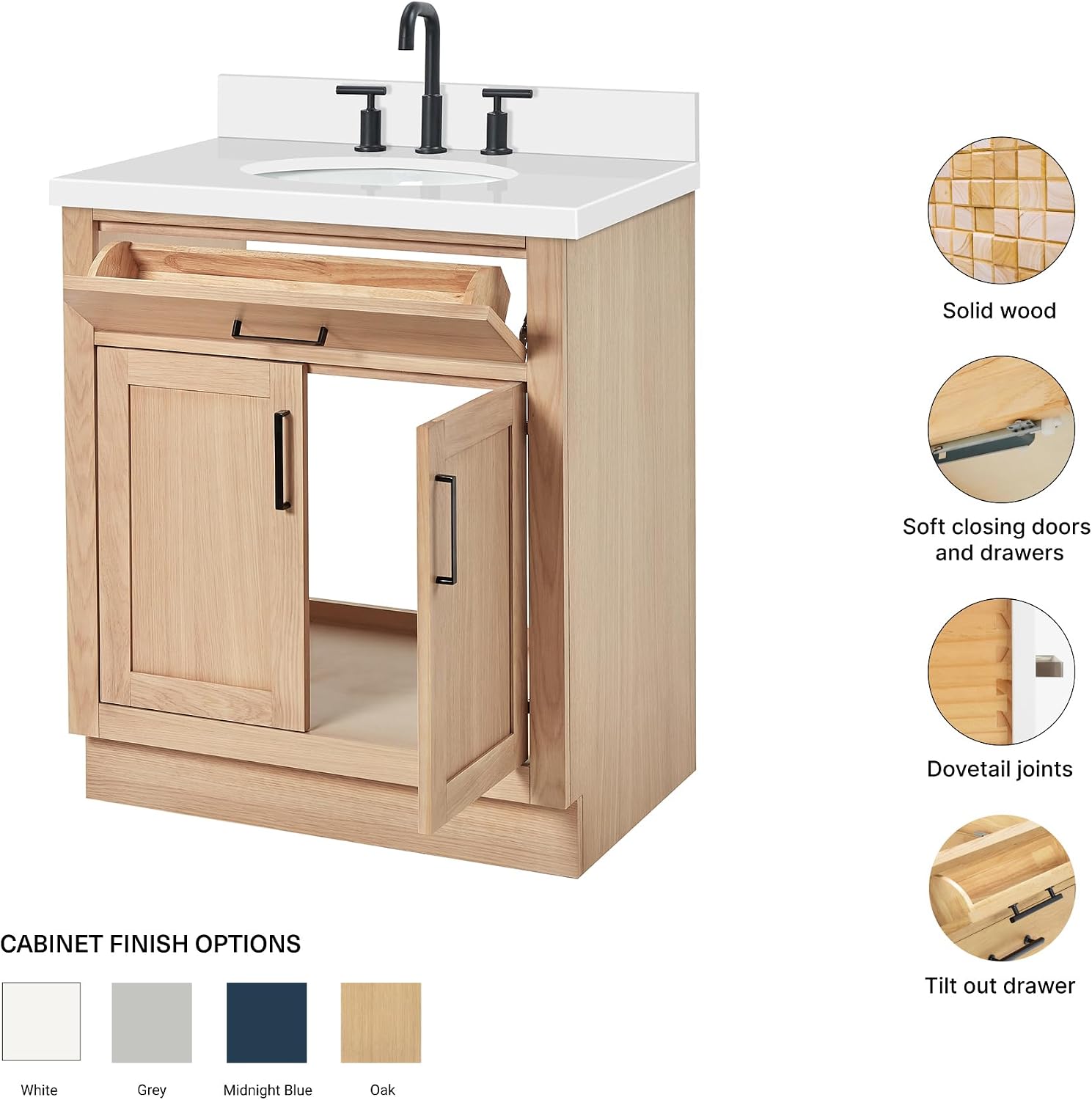 ARIEL Hepburn 30-inch Bathroom Vanity with Sink,Solid Wood, 1.5-inch Pure White Quartz Countertop & Backsplash, Single Oval Porcelain Sink, 2 Soft Closing Doors, 1 Dovetail Drawers, White Oak