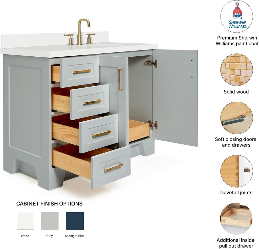 DKB Emilia 42' Grey Single Bathroom Vanity with Sink, 1.5' Pure White Quartz Countertop, Offset Oval Sink, 2 Soft-Closing Doors, 5 Dovetail Drawers