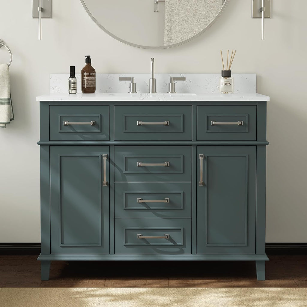 42 Inch Bathroom Vanity with Sink, Single Sink Bathroom Vanity with Adjustable Feets, Modern Bathroom Storage Cabinet with Soft Closing Doors & Dovetail Drawers, Green