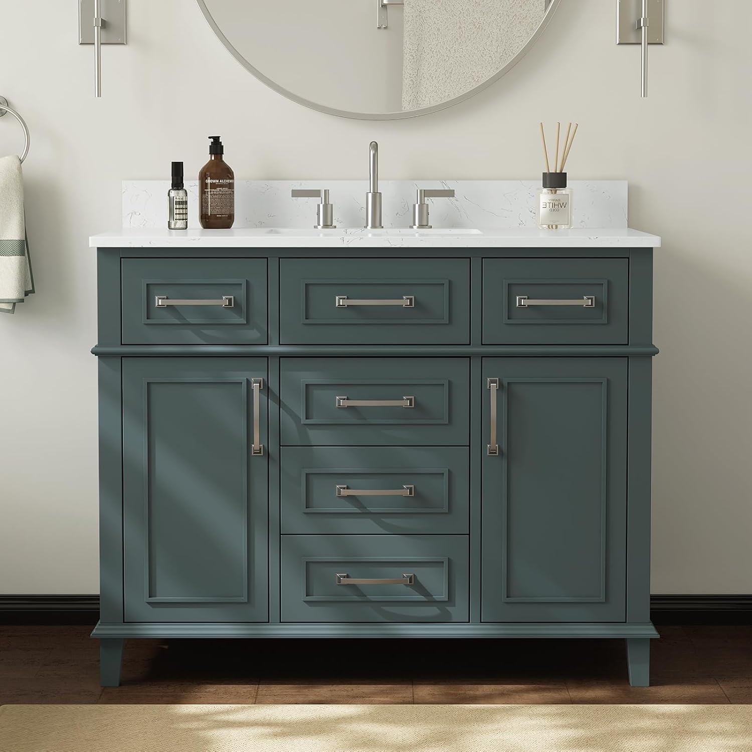 42 Inch Bathroom Vanity with Sink, Single Sink Bathroom Vanity with Adjustable Feets, Modern Bathroom Storage Cabinet with Soft Closing Doors & Dovetail Drawers, Green