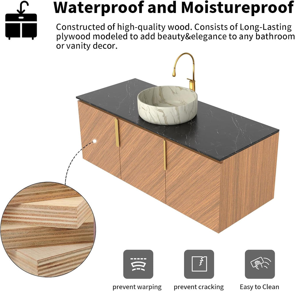 LKTART 48 Inch Bathroom Vanity with Sink, Modern Wall Mounted Bathroom Sink with 3 Doors, Black Sintered Stone Countertop and Stone Round Ceramic Basin