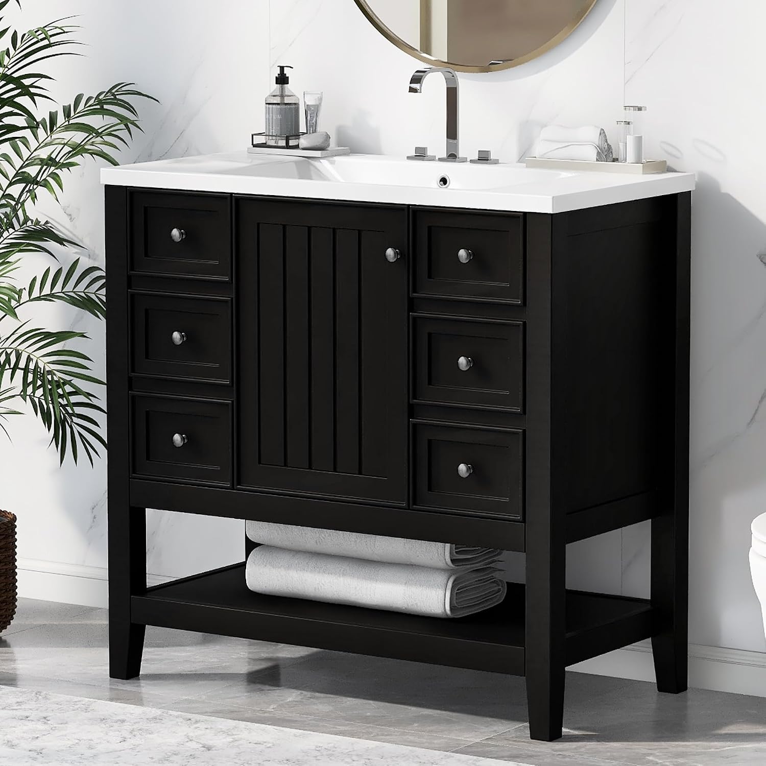 LUMISOL 36' Bathroom Vanity with Sink Combo, Bathroom Vanity Storage Cabinet with 3 Drawers & Open Shelf, Solid Wood Frame Bathroom Cabinet with Ceramic Sink, Black