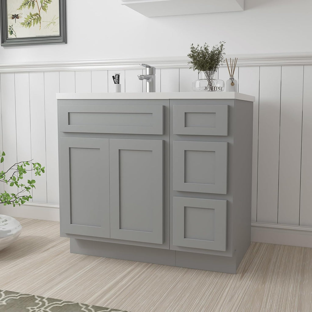 Vanity Art 36' Unassembled Bathroom Vanity with 2-Door 3-Drawer, Wood Bathroom Vanity Cabinet with Soft Closing Shaker Drawer, Sturdy Floor Mounted Cabinet Without Top VA4036-3S-G