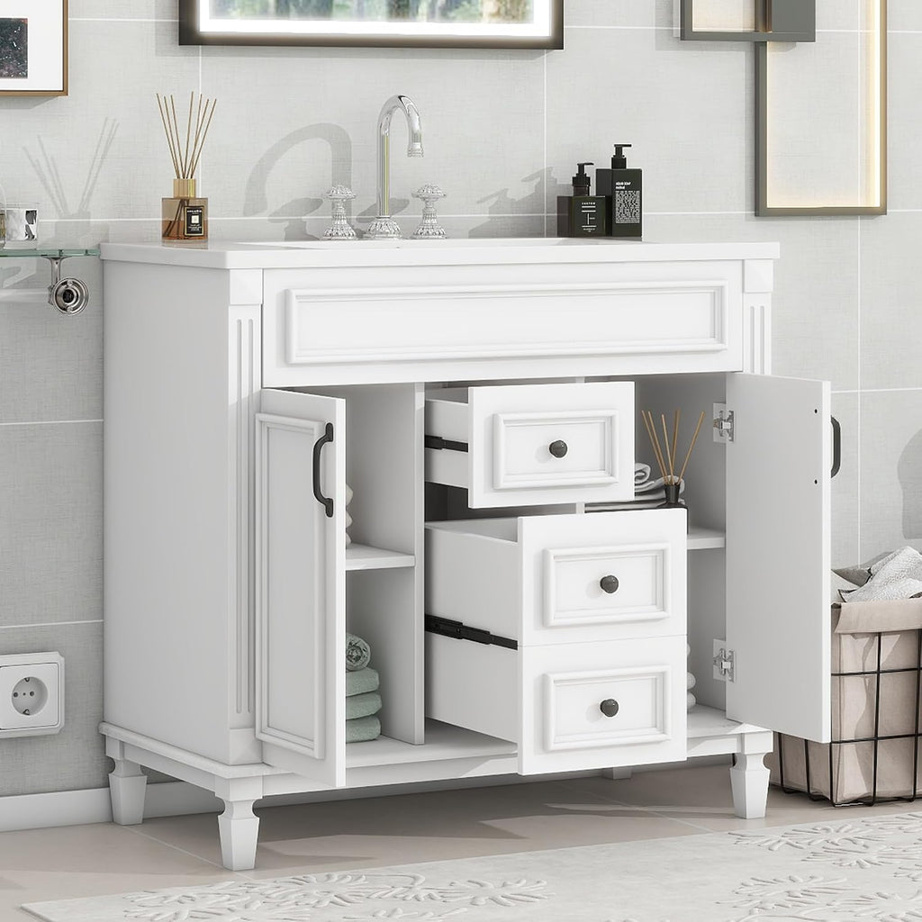 Linique 36' Bathroom Vanity with Top Sink,Bathroom Storage Cabinet with 2 Soft Closing Doors and 2 Storage Drawers,Modern Single Sink Bathroom Vanity(White)
