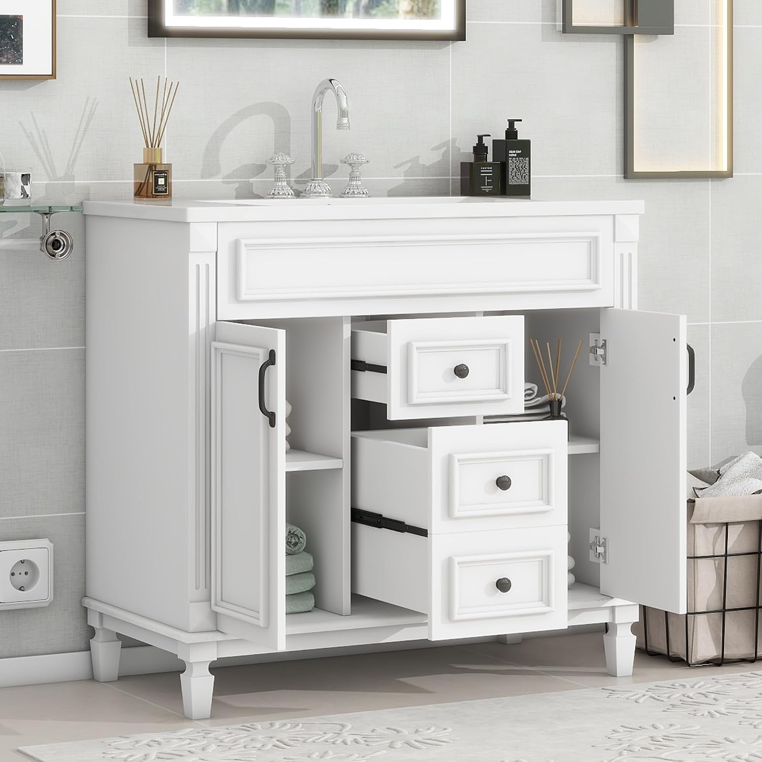 Linique 36' Bathroom Vanity with Top Sink,Bathroom Storage Cabinet with 2 Soft Closing Doors and 2 Storage Drawers,Modern Single Sink Bathroom Vanity(White)