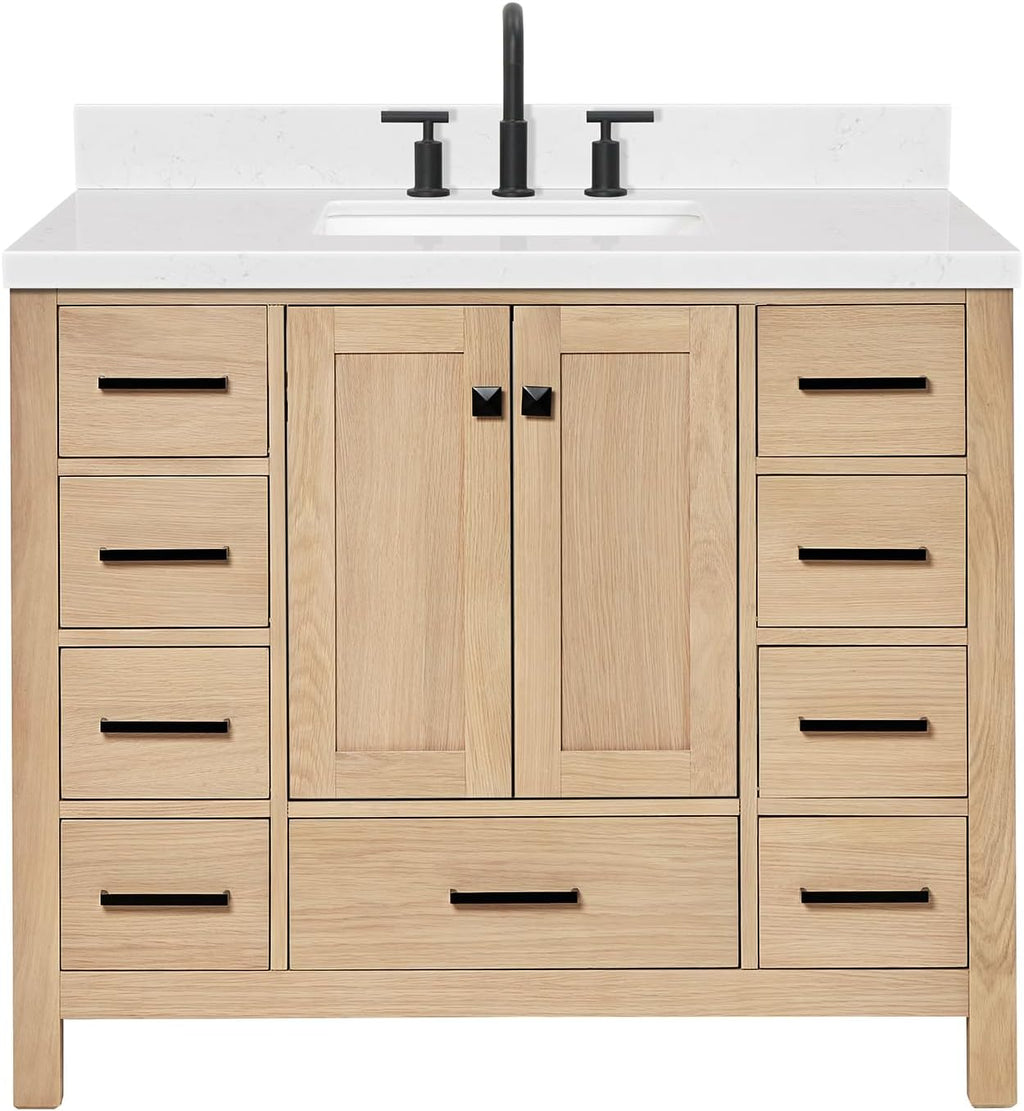 ARIEL Cambridge 42-inch Bathroom Vanity with Sink,Solid Wood, 1.5-inch Carrara White Quartz Countertop, Single Rectangular Porcelain Sink, 2 Soft Closing Doors, 9 Dovetail Drawers, White Oak