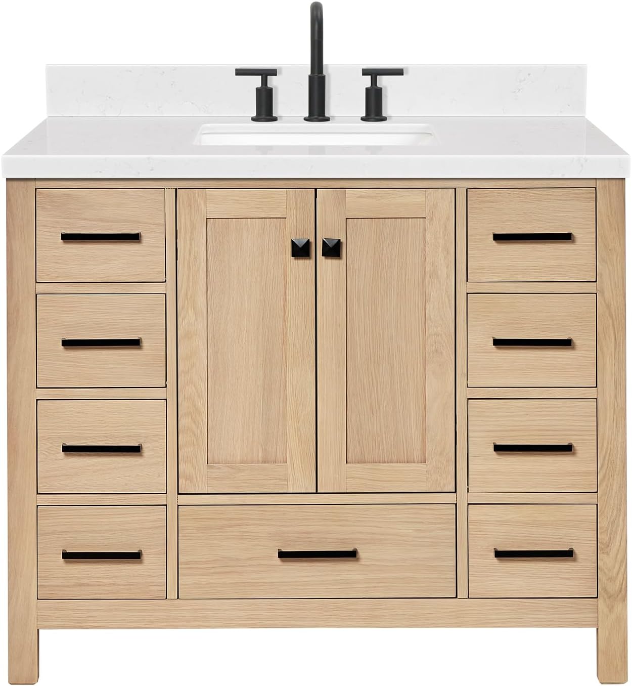 ARIEL Cambridge 42-inch Bathroom Vanity with Sink,Solid Wood, 1.5-inch Carrara White Quartz Countertop, Single Rectangular Porcelain Sink, 2 Soft Closing Doors, 9 Dovetail Drawers, White Oak