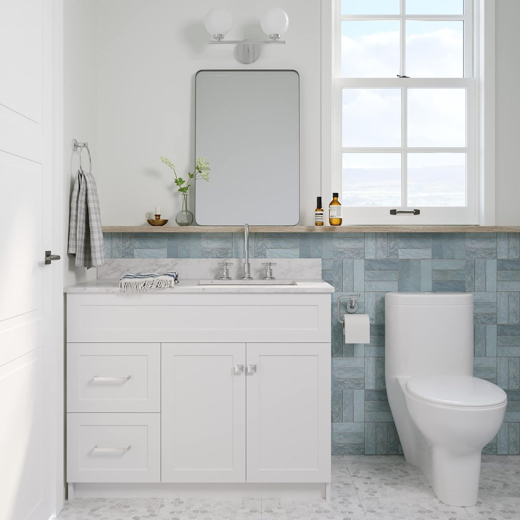 ARIEL Hamlet 43 in. Right Offset Oval Sink Vanity with 0.75 in. Carrara White Countertop in White