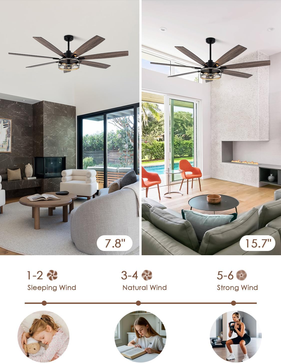 72' Ceiling Fan with Lights and Remote Control, Farmhouse Rustic Caged Ceiling Fan Light Fixture with Double Finish Wood Blades for Bedroom Living Room Kitchen