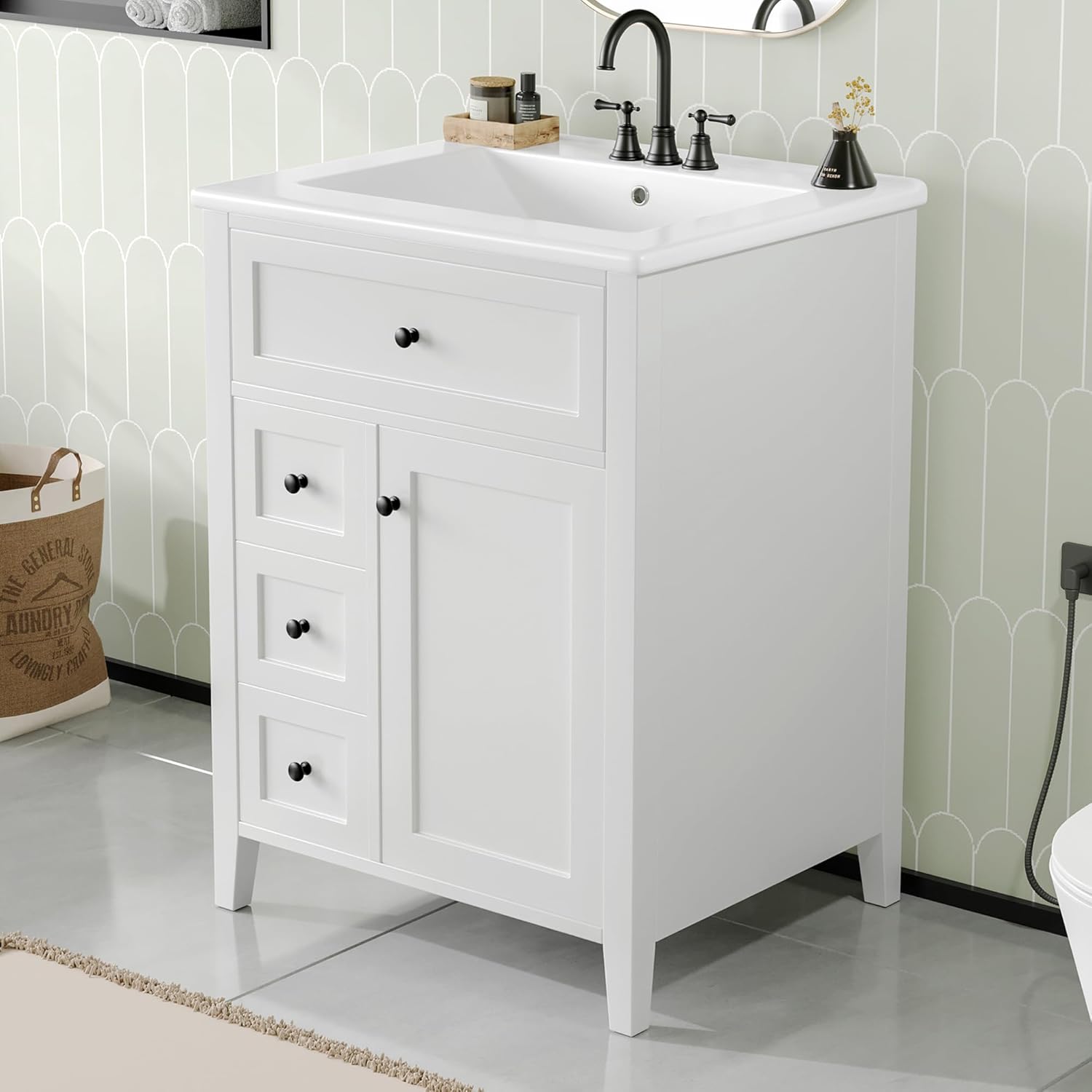 Harper & Bright Designs 24' Bathroom Vanity with Sink, Free Standing Vanity Set with 4 Drawers, Storage Racks, and Adjustable Shelf, Wood Bathroom Cabinet with Ceramic Basin for Bathroom, White