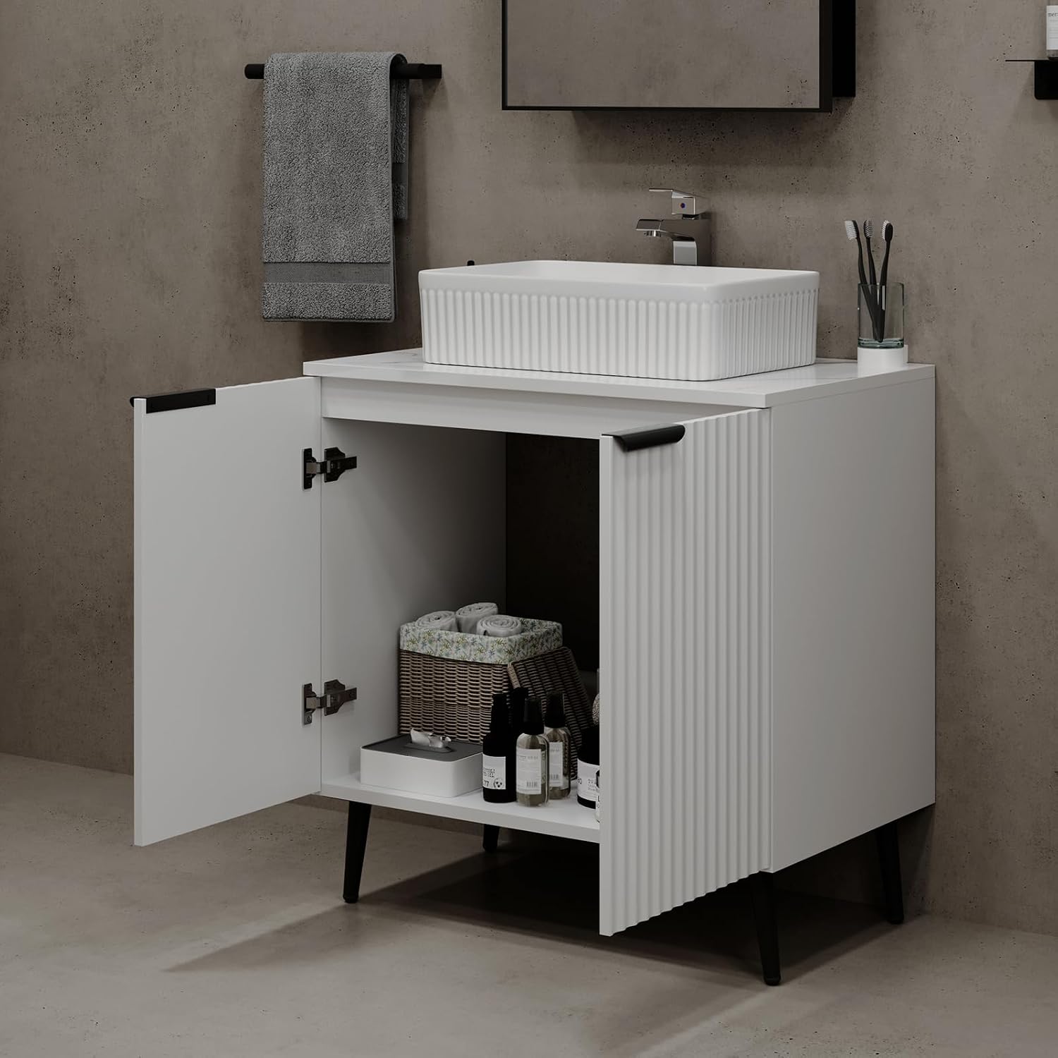 30' Bathroom Vanity, Freestanding Modern Fluted Bathroom Vanity Without Sink, Under Sink Storege Cabinet with 2 Soft-Close Doors, Metal Handle,Easy Assembly, White