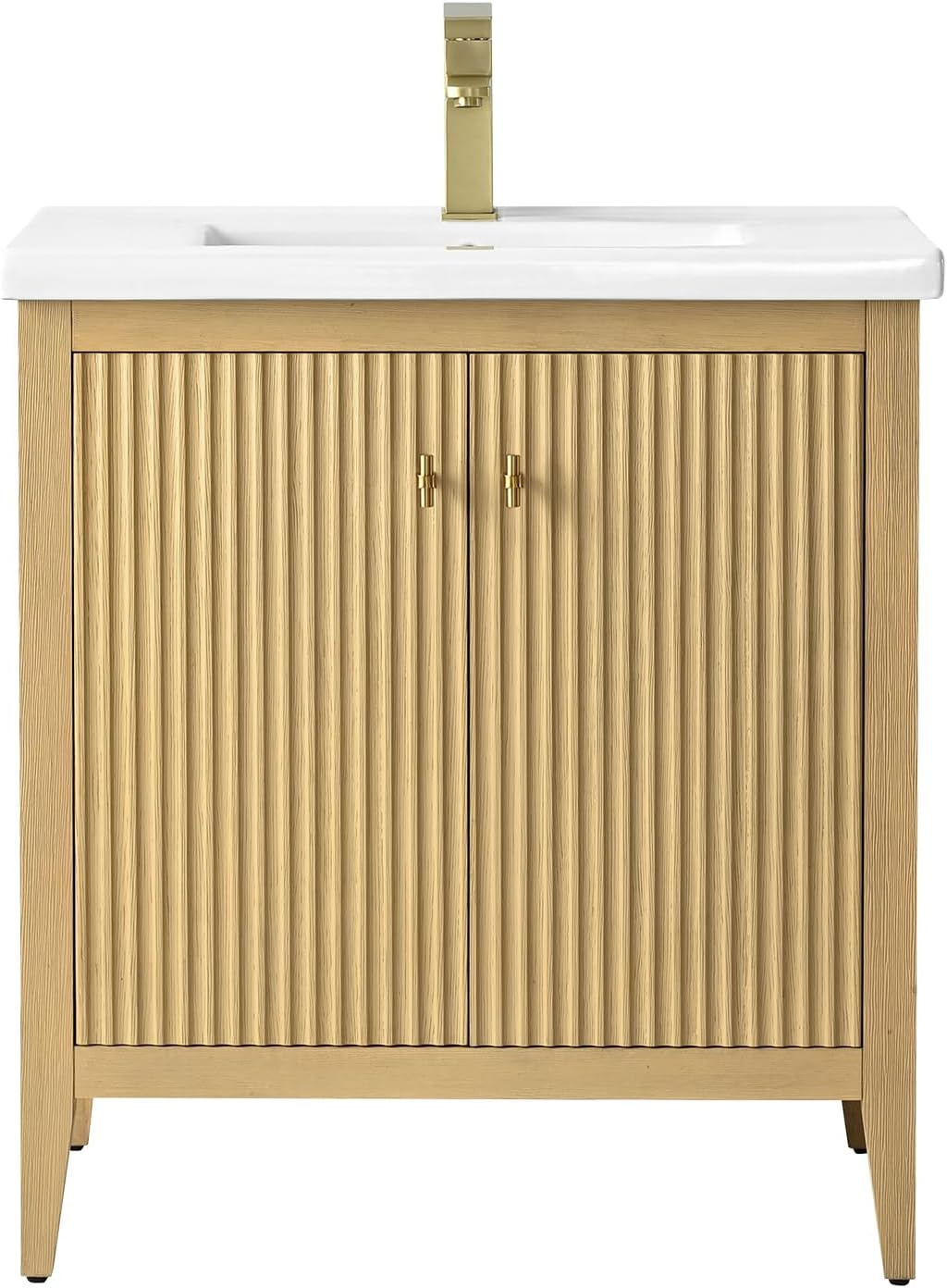 HOMEBEYOND 30' Bathroom Vanity with Ceramic Sink, Solid Wood Free-Standing Vanities Cabinet, Ceramic Top, Golden Brushed Handware & Soft Closing Door, Natural Oak