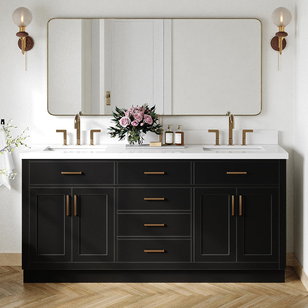 DKB Isabella 72 Inch Bathroom Vanity Double Sink — Black Bathroom Vanity with Sink, 1.5' Edge Pure White Quartz Countertop, 4 Soft-Close Doors, 4 Dovetail Drawers, and 2 Tilt Drawers