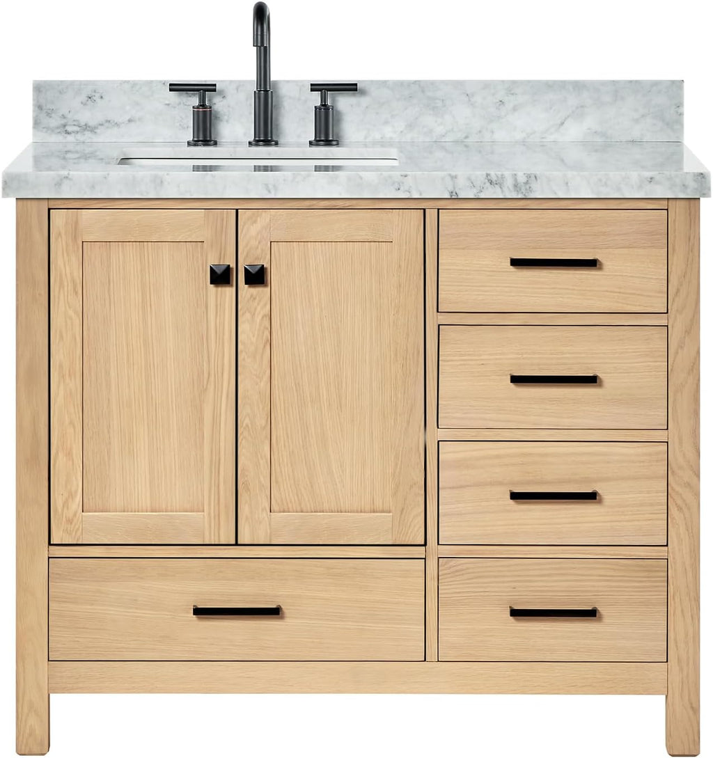 ARIEL Cambridge 42-Inch Oak Bathroom Vanity with Sink, 1.5' Italian Carrara Marble Countertop & 4' Backsplash, Soft Closing Door & Drawer, Matte Black Hardware