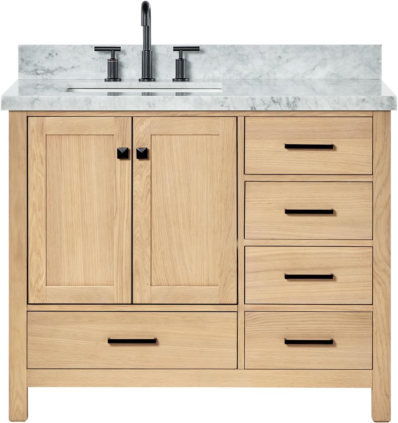 ARIEL Cambridge 42-Inch Oak Bathroom Vanity with Sink, 1.5' Italian Carrara Marble Countertop & 4' Backsplash, Soft Closing Door & Drawer, Matte Black Hardware