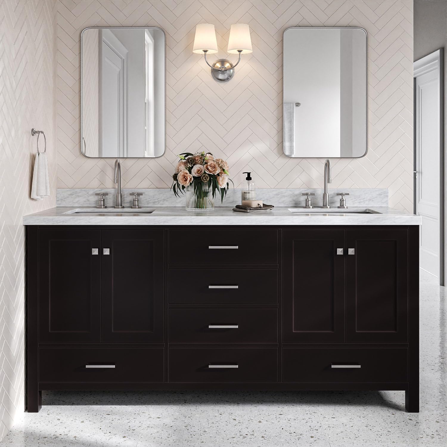 DKB Beckford 72 Inch Bathroom Vanity Double Sink — Espresso Bathroom Vanity with Sink, 1.5' Edge Italian Carrara Marble Countertop & Backsplash, 4 Soft-Close Doors, 6 Dovetail Drawers