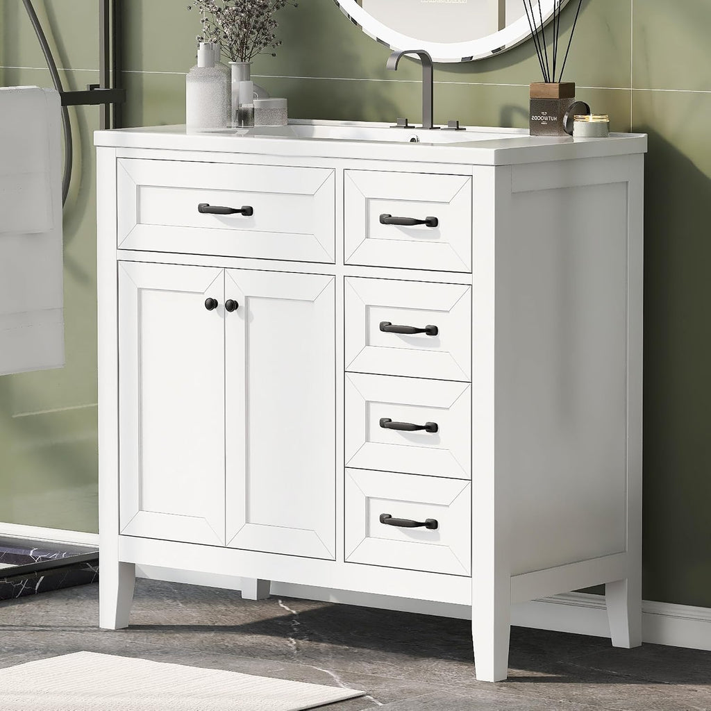 36' Bathroom Vanity with Sink Combo, Bathroom Cabinet with Drawers, Solid Frame and MDF Board,White
