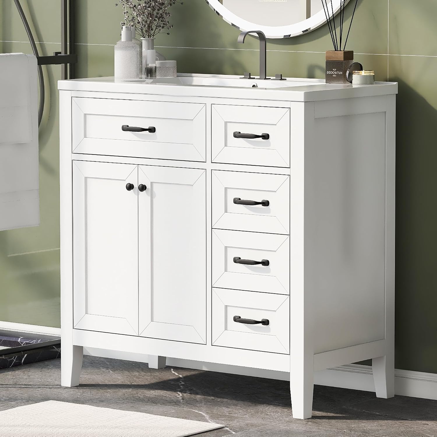 36' Bathroom Vanity with Sink Combo, Bathroom Cabinet with Drawers, Solid Frame and MDF Board,White