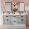 DKB Isabella 66-Inch Grey Double Bathroom Vanity, 1.5-Inch Pure White Quartz Countertop & Backsplash, Two Oval Sinks, 4 Soft Closing Doors, 6 Dovetail Drawers, Toe Kick, Matte Black Hardware