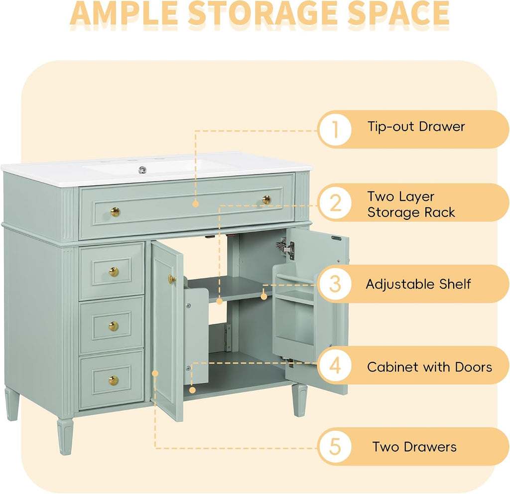 36' Bathroom Vanity Cabinet with Ceramic Countertop Sink Combo Set, Solid Wood Frame, Tilt-Out Drawers and Left Side Drawers, Soft Closing Door Hinges, Modern Style, Green